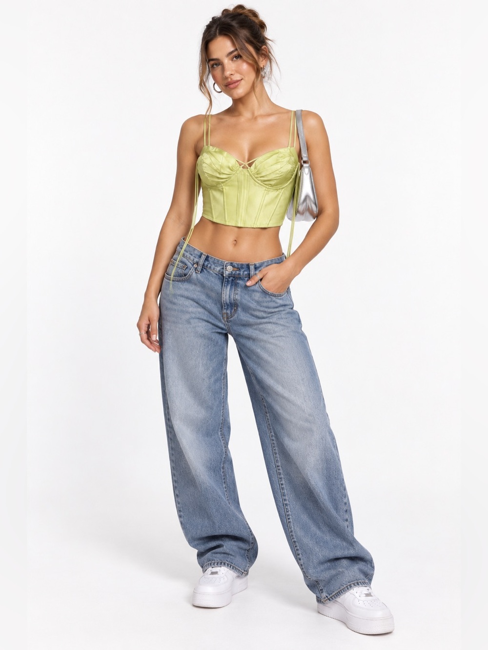 Zara Lime Green Satin Corset Bustier Crop Top Large Y2K Festival